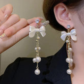 Ribbon Pearl Hanging Earrings-Anti Tarnish || Waterproof
